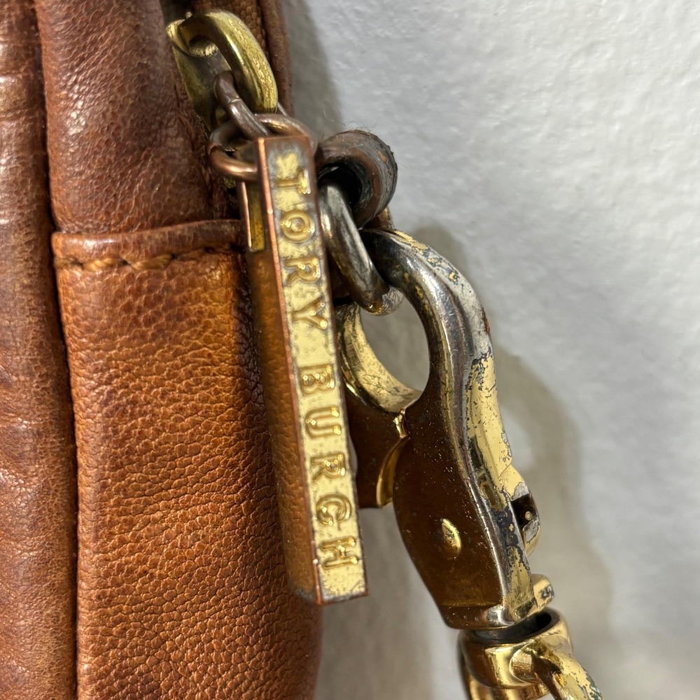 Vtg Tory Burch Amanda Brown Distressed Leather Crossbody Bag Zip Top Chain Strap - Picture 3 of 10